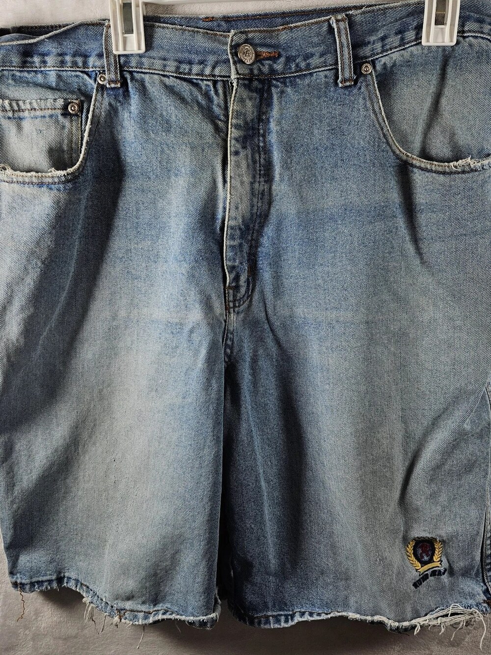 Vintage 90s Rude Jeans Denim Shorts Light Wash Embroidered Crest Men's Size 38